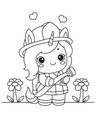 Coloring book unicorn firefighter wearing a helmet and uniform, holding a hose, standing between flowers with hearts above