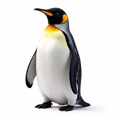 Fototapeta premium a King Penguin standing on a white background. The penguin is facing forward, with its head slightly tilted to the left and its beak slightly open. 