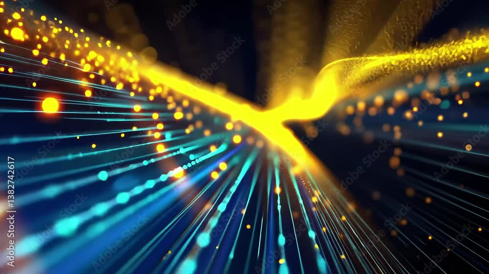 Poster bright particles of light flow and swirl in an abstract pattern, creating a dynamic visual effect re