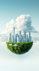 Futuristic Cityscape with Clouds and Green Forest on Floating Island