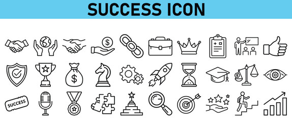 Obraz premium Success line icon set. Contains icons Award, Trophy, Medal, Crown, Winners Podium, Congratulating, Certificate. Vector Icons collection