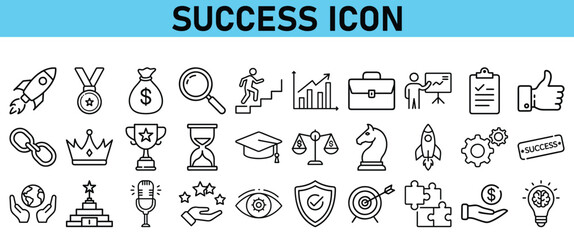 Success line icon set. Contains icons Award, Trophy, Medal, Crown, Winners Podium, Congratulating, Certificate. Vector Icons collection