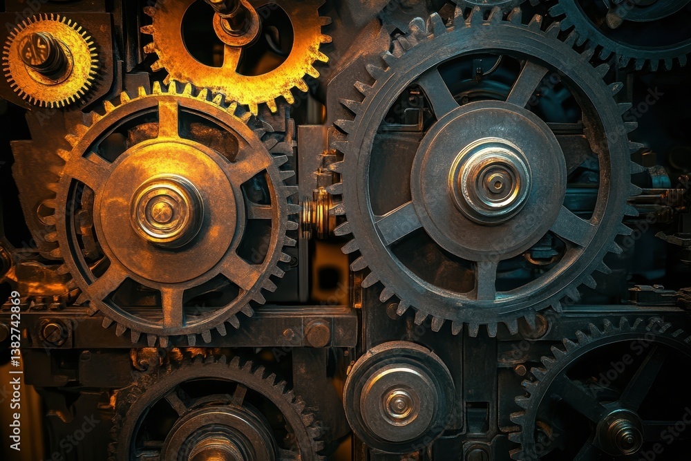 Poster gears in motion create intricate patterns in a vintage machinery setup at a workshop