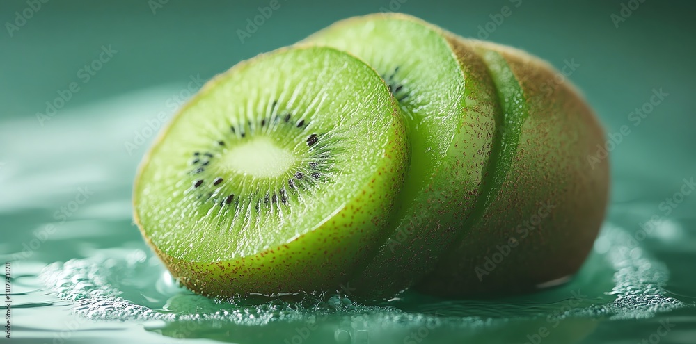Poster juicy kiwi fruit slices float in sparkling water creating a vibrant and refreshing image perfect for
