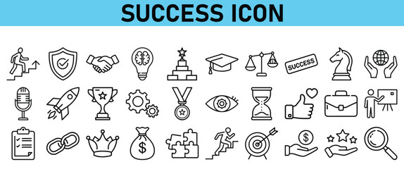 Success line icon set. Contains icons Award, Trophy, Medal, Crown, Winners Podium, Congratulating, Certificate. Vector Icons collection
