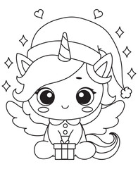 Coloring book unicorn angel wearing a Christmas hat, holding a gift, with hearts and sparkles around