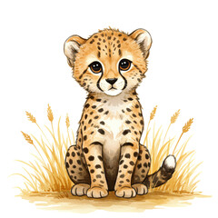Watercolor illustration of a cute cheetah cub sitting in the grass