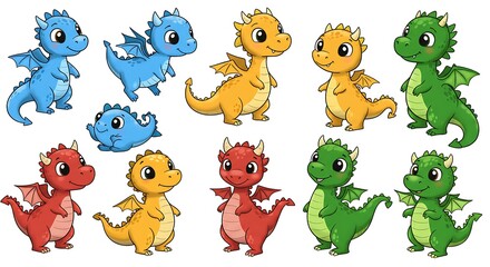 Set of colorful baby dragon, clip art on white background.