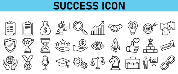 Success line icon set. Contains icons Award, Trophy, Medal, Crown, Winners Podium, Congratulating, Certificate. Vector Icons collection