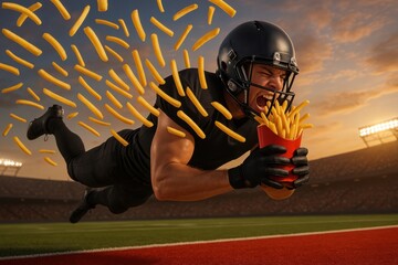 Football player in black uniform dives on field, holding red container of fries with more fries flying around. Stadium lit up at sunset, filled with spectators.