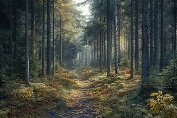 Obraz premium Serene forest path surrounded by tall trees and vibrant greenery during early morning light