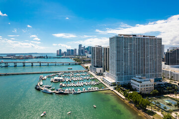Miami, Florida: Feb 27, 2025 – Biscayne waterfront at Edgewater showing luxury marina, high-rise...