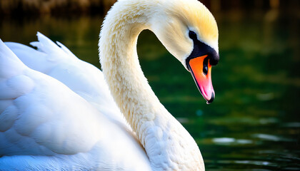Obraz premium Elegant Swan Close-up with Vibrant Beak against Tranquil Water Background