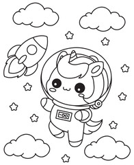 Coloring book unicorn astronaut wearing a spacesuit, floating in space with a rocket, stars, and clouds around.