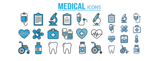 Medical Healthcare Icons Set with Blue and Black Outline Style Including Microscope, Heart, Tooth, Medicine, and First Aid Symbols