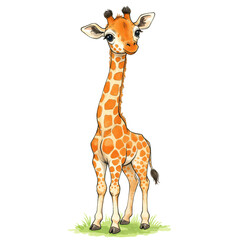 Cartoon giraffe standing on green grass with a black background art