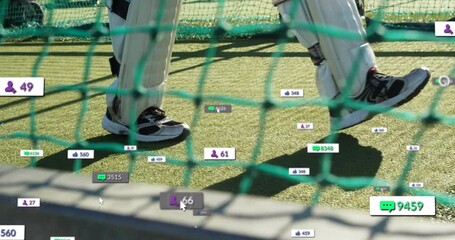 Practicing in nets, cricketers with animation icons for social media interaction - Powered by Adobe