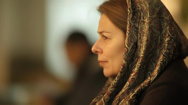 Mature female politician wearing a traditional headscarf exudes an aura of confidence and power, hinting at her influential role in the political landscape