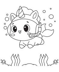 Coloring book unicorn diver wearing a snorkel and mask, swimming underwater with bubbles and coral