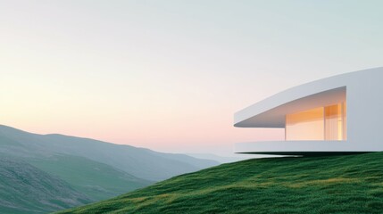 Modern white building on hillside during sunset with green landscape