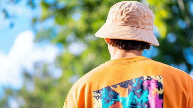 Caucasian young male in colorful shirt and bucket hat in nature - Powered by Adobe