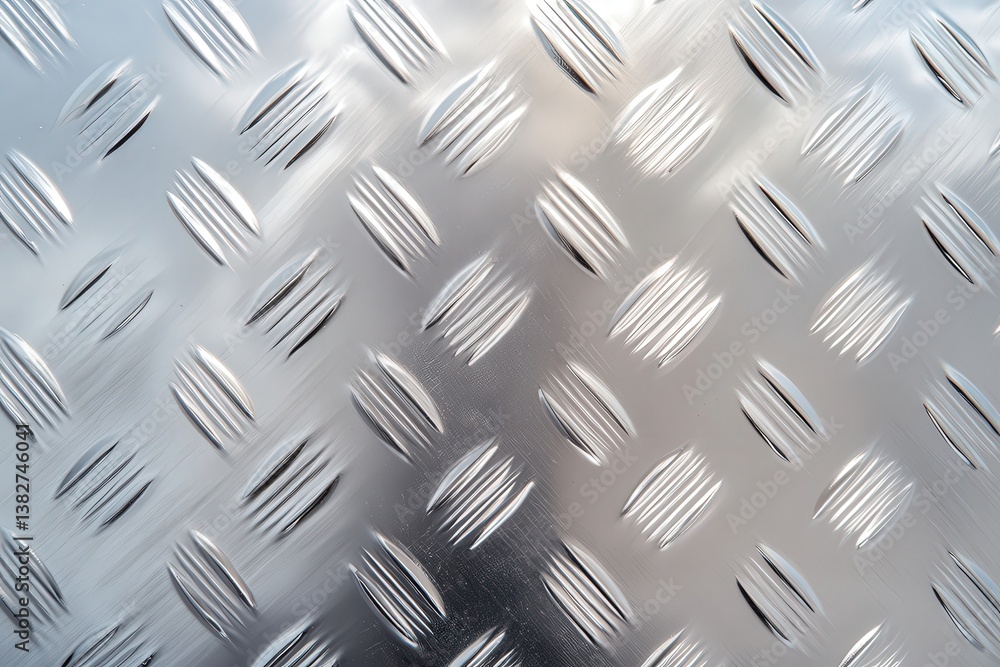 Poster a close-up of a shiny, textured metal surface with a diamond pattern, showcasing reflections and int