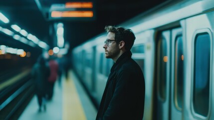 Young caucasian male waiting at subway station at night