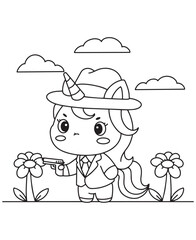 Coloring book unicorn gangster wearing a hat and suit, holding a pistol, standing between flowers under a cloudy sky