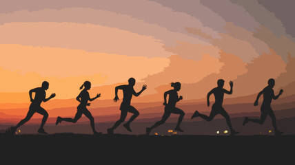 Fototapeta premium Silhouette of Group Running at Sunset: Achieve Fitness and Health through Dynamic Exercise and Endurance