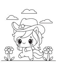 Coloring book pony cowboy wearing a hat, running between flowers under a cloudy sky