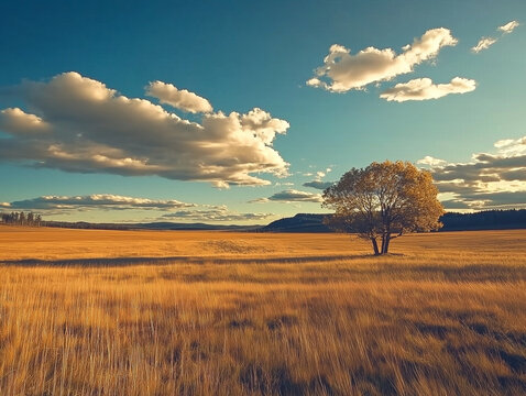 Serene golden field with lone tree under a cloudy sky at sunset