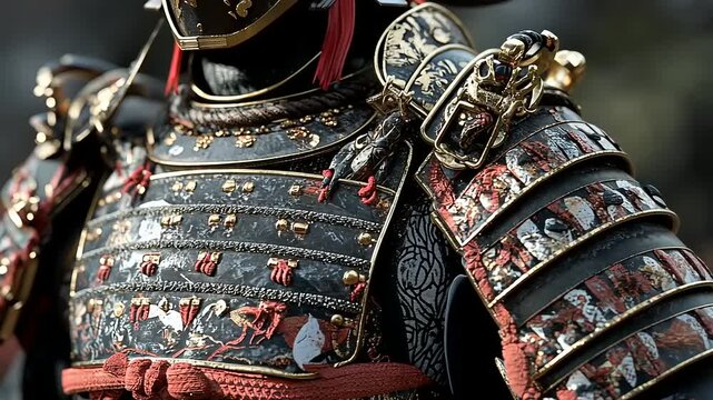 Detailed close-up of ornate samurai armor showcasing intricate designs and historical significance