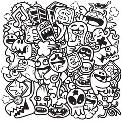 Chaotic doodle art with money and monster icons