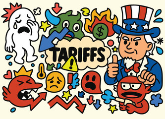 Colorful cartoon chaos about global tariff crisis