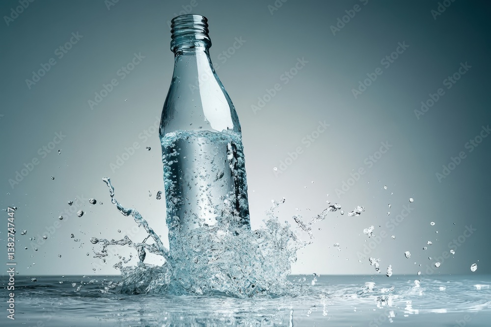 Poster splashing water from a bottle creates a dynamic moment in a minimalistic setting