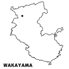 日本の和歌山県単独の地図イラスト　都道府県別の白地図線画　県庁所在地