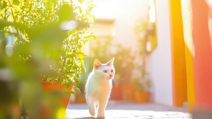 Bright sunlit alley with white cat strolling among green plants