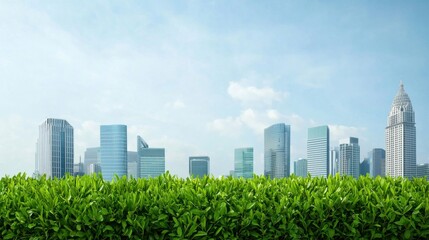 Fototapeta premium Modern City Skyline with Lush Green Plants in the Foreground