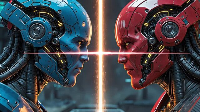 Two futuristic humanoid robots in red and blue armor face off in high-tech standoff with glowing energy beam between

