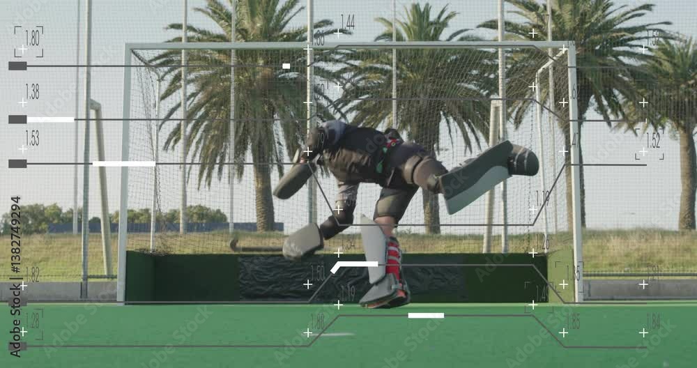 Poster making save on field, hockey goalie with animation overlay elements