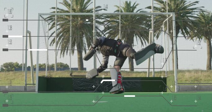 Making save on field, hockey goalie with animation overlay elements
