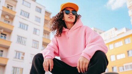 Young hispanic female in pink hoodie and sunglasses outdoors