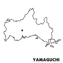 日本の山口県単独の地図イラスト　都道府県別の白地図線画　県庁所在地