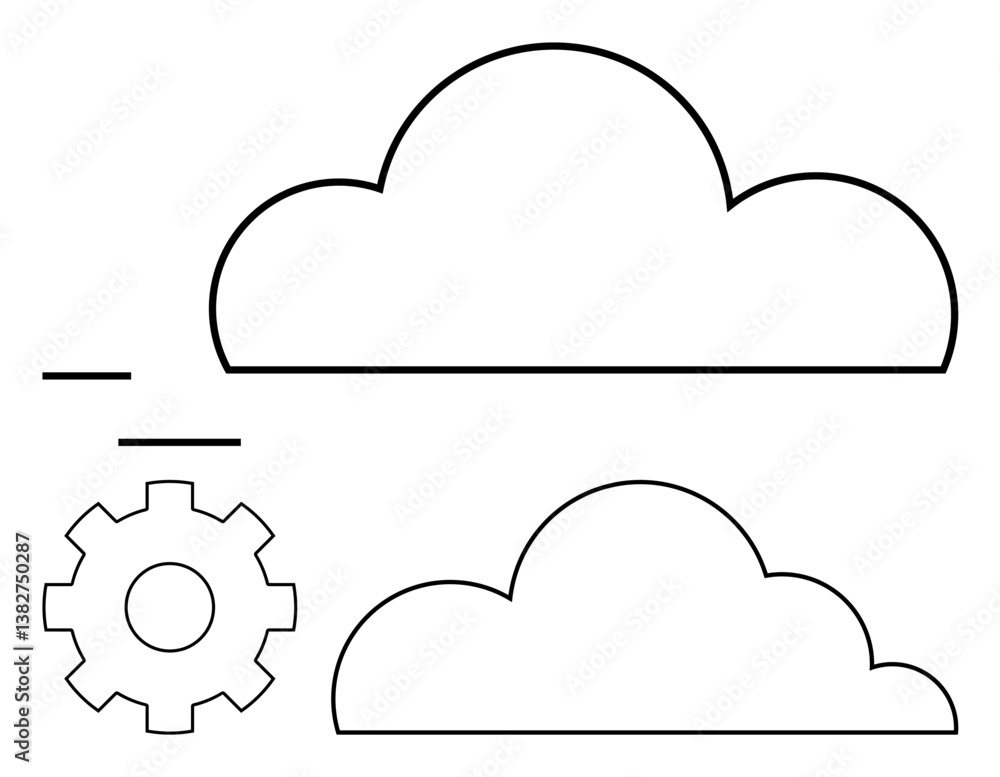 Poster two cloud outlines with minimal lines and a gear. ideal for cloud computing, networking, technology,