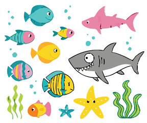 Whimsical Underwater World with Cute Mermaid, Playful Sea Creatures, and Vibrant Ocean Life &ndash; Colorful Cartoon Marine Illustration with Fish, Coral, and Starfish | colorful Sea Design.