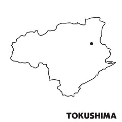 日本の徳島県単独の地図イラスト　都道府県別の白地図線画　県庁所在地