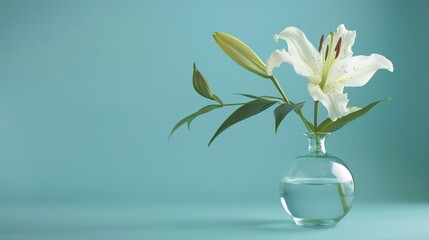 Elegant White Lily in Glass Vase on Blue Background   HD 8K mockup wallpaper Photographic Image
