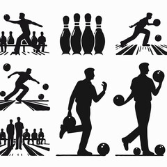 Silhouette of Bowling Player in Action: Striking the Pins in Dynamic Black and White Illustration - A Thrilling Indoor Sport and Social Recreation Scene