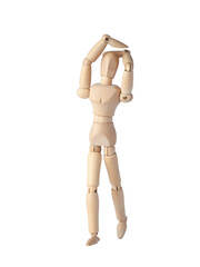 A Wooden dummy with raised hands, holding its head in astonishment. A Poseable figure and Articulated mannequin capture a moment of surprise, perfect for artists and dynamic, expressive sketches.