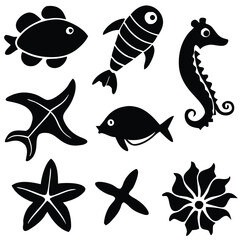 Marine Life Silhouette Vector Set – Ocean Creatures, Fish, Dolphin, Shark, Octopus, Crab, Jellyfish, Turtle, and Sea Animal Icons for Nautical and Aquatic Designs.